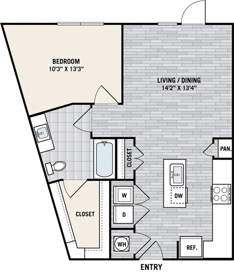 Floor plan for 1 bed, 1 bath, 751 sqft
